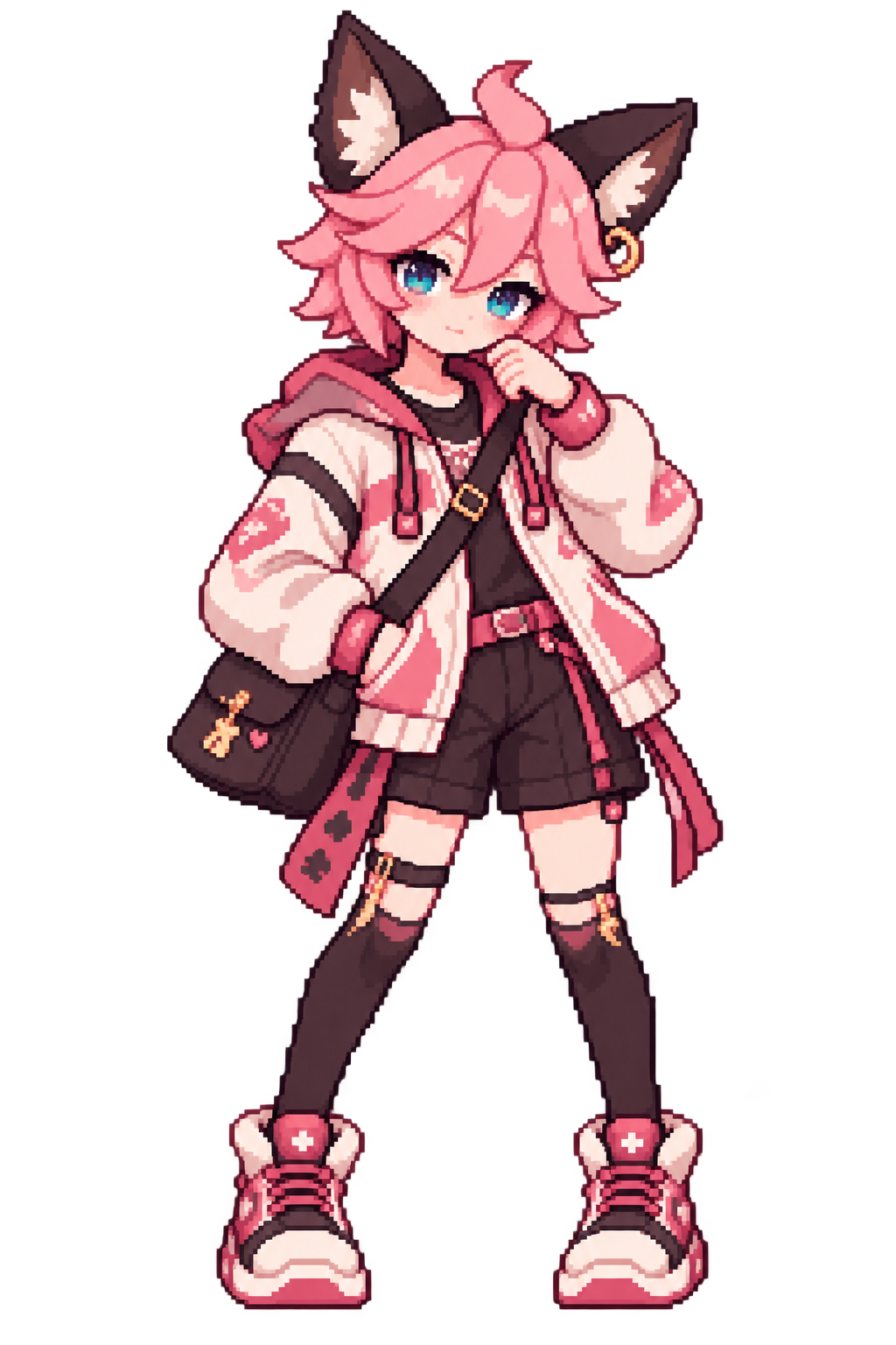 Strayのプロフィールキャラクター。ピンクの髪と獣耳、白とピンクのパーカーのドット絵